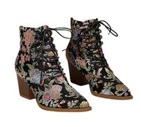 FQLGJMY Bottines Pour Femme Style Vintage Ethnique Bohème Broderie Léopard Coupe Basse Talon Bout Pointu Lacets Robe Jupe Jean Décontracté Quotidien Fête Rendez-vous Voyage