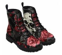 FQLGJMY Bottines Pour Femmes Gothique Motif Tête de Mort Fleurs Roses et Flammes Lacets Cuir Céger Plateforme Bout Rond, parfaites Jeans Robes Mode Décontractée Au Quotidien Voyages Soirées
