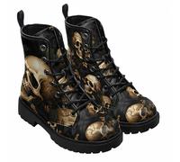 FQLGJMY Bottines Pour Femmes Gothique Motif Tête de Mort Fleurs Roses et Flammes Lacets Cuir Céger Plateforme Bout Rond, parfaites Jeans Robes Mode Décontractée Au Quotidien Voyages Soirées