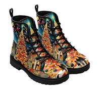 FQLGJMY Bottines Pour Femmes Motif Canne Sucre Bonhomme de Neige Sapin Noël Ballon Aiguilles Pin Nuit Enneigée Cloche élan Plateforme en Cuir à Porter Avec Jeans Robes Jupes Voyages Fêtes Noël Hiver