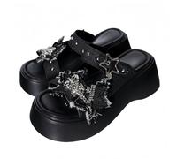 FQLGJMY Chaussons Platform Wedge SIides femmes avec chaîne étoile rivet strass ouvert orteil été mode scintillant strass sandales glisser sur les chaussons pour l'intérieur extérieur