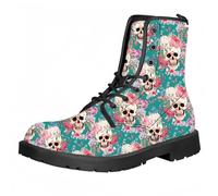 FQLGJMY Femmes Chelsea bottes à cheville avec crâne et impression florale élégante gothique combat bottes mode lace-up talon gros plateforme bottes en cuir pour les dames Halloween fête de Noël
