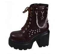 FQLGJMY Femmes Chunky talon combat bottes avec chaîne amour boucle strass décoration plate-forme bottes cheville lace jusqu'à streetwear mode confortable bloc talon pour l'automne hiver