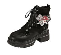 FQLGJMY Femmes Chunky talon combat bottes avec chaîne amour boucle strass décoration plate-forme bottes cheville lace jusqu'à streetwear mode confortable bloc talon pour l'automne hiver