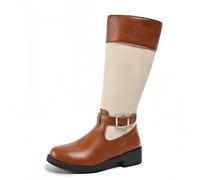 FQLGJMY Femmes mi-veau genou haut cowboy combat bottes Vintage ethnique fleur conception cuir dentelle ronde orteil gros talons bas bottes à cheval Boho hiver automne robe décor de fête