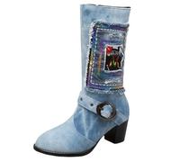 FQLGJMY Femmes mi-veau genou haut cowboy combat bottes Vintage ethnique fleur conception cuir dentelle ronde orteil gros talons bas bottes à cheval Boho hiver automne robe décor de fête
