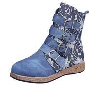 FQLGJMY Femmes mi-veau genou haut cowboy combat bottes Vintage ethnique fleur conception cuir dentelle ronde orteil gros talons bas bottes à cheval Boho hiver automne robe décor de fête