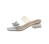 FQLGJMY Sandales à talons clairs pour femmes avec arc perle strass décoration carré orteil ouvert bas bloc gros slip sur robe sandales pour mariage de fête