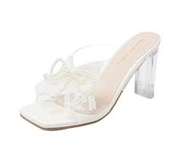 FQLGJMY Sandales à talons clairs pour femmes avec arc perle strass décoration carré orteil ouvert bas bloc gros slip sur robe sandales pour mariage de fête