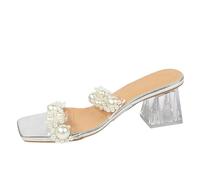 FQLGJMY Sandales à talons clairs pour femmes avec arc perle strass décoration carré orteil ouvert bas bloc gros slip sur robe sandales pour mariage de fête