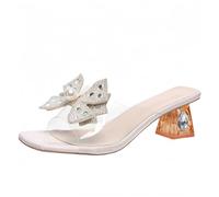 FQLGJMY Sandales à talons clairs pour femmes avec arc perle strass décoration carré orteil ouvert bas bloc gros slip sur robe sandales pour mariage de fête