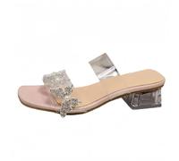 FQLGJMY Sandales à talons clairs pour femmes avec arc perle strass décoration carré orteil ouvert bas bloc gros slip sur robe sandales pour mariage de fête