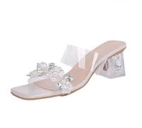 FQLGJMY Sandales à talons clairs pour femmes avec arc perle strass décoration carré orteil ouvert bas bloc gros slip sur robe sandales pour mariage de fête
