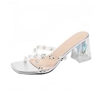 FQLGJMY Sandales à talons clairs pour femmes avec arc perle strass décoration carré orteil ouvert bas bloc gros slip sur robe sandales pour mariage de fête