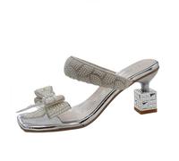 FQLGJMY Sandales à talons clairs pour femmes avec arc perle strass décoration carré orteil ouvert bas bloc gros slip sur robe sandales pour mariage de fête