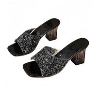 FQLGJMY Sandales à talons clairs pour femmes avec arc perle strass décoration carré orteil ouvert bas bloc gros slip sur robe sandales pour mariage de fête