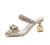 FQLGJMY Sandales à talons clairs pour femmes avec arc perle strass décoration carré orteil ouvert bas bloc gros slip sur robe sandales pour mariage de fête