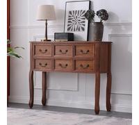 FQMYLTYN Console en Bois Massif à 6 Tiroirs, Table D'entrée de Style Campagnard avec Pieds Réglables, Grand Espace de Rangement pour Hall D'entrée, Couloir ou Salon(Walnut,100cm/39in)