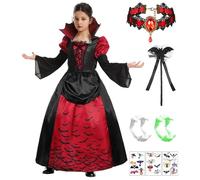 FR031S Costume de vampire pour enfant fille - Costume de Dracula, gothique, royal, vampire - Avec accessoires, collier, dents, Halloween, carnaval, fête à thème