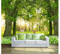 Fraîcheur Forêt Verte Cerfs Sika Oiseaux En Vol Papier Peint 3D Installation Facile Intissé Tapisserie Bureau Salon Canapé Chambre Décoration Murale-400cm×280cm