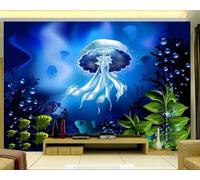 Frais Élégant Bleu Sous Marin Méduses Plantes Aquatiques Papier Peint 3D Installation Facile Intissé Tapisserie Bureau Salon Canapé Chambre Décoration Murale-200cm×140cm