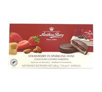 Fraise dans le vin scintillant 984051 Chocolat avec pâte d'amande (41 %) et garnissage (25 %) avec fraises dans des minuscules scintillantes.