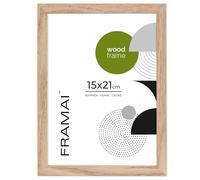 FRAMAI® Cadre photo 15 x 21 cm, chêne, cadre en bois naturel, cadre en bois véritable avec plexiglas incassable, crochet de suspension et support