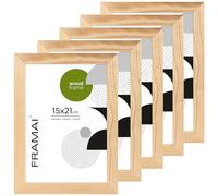 FRAMAI® Cadre photo 15x21 Lot de 5 - Cadre en bois naturel véritable avec plexiglas incassable, système de suspension et présentoir