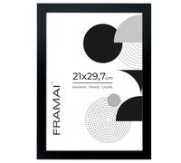 FRAMAI® Cadre photo 21 x 29,7 cm - Noir - En MDF - Respectueux de l'environnement - Avec plexiglas incassable, crochet de suspension et support