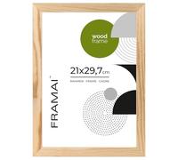 FRAMAI® Cadre photo 21x29,7 - Cadre en bois naturel véritable avec plexiglas incassable, système de suspension et présentoir