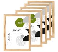 FRAMAI® Cadre photo 21x29,7 Lot de 5 - Cadre en bois naturel véritable avec plexiglas incassable, système de suspension et présentoir