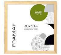FRAMAI® Cadre photo 30x30 - Cadre en bois naturel véritable avec plexiglas incassable, système de suspension et présentoir
