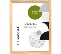 FRAMAI® Cadre photo 30x40 - Cadre en bois naturel véritable avec plexiglas incassable, système de suspension et présentoir