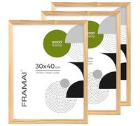 FRAMAI® Cadre photo 30x40 Lot de 3 - Cadre en bois naturel véritable avec plexiglas incassable, système de suspension et présentoir