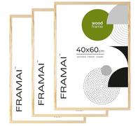 FRAMAI® Cadre photo 40x60 Lot de 3 - Cadre en bois naturel véritable avec plexiglas incassable, système de suspension et présentoir