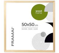 FRAMAI® Cadre photo 50x50 - Cadre en bois naturel véritable avec plexiglas incassable, système de suspension et présentoir