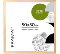 FRAMAI® Cadre photo 50x50 cm, Naturel, Cadre en bois naturel, Cadre photo en bois véritable, Cadre avec plexiglas incassable, accroche et présentoir