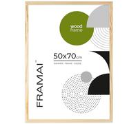 FRAMAI® Cadre photo 50x70 - Cadre en bois naturel véritable avec plexiglas incassable, système de suspension et présentoir