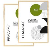 FRAMAI® Cadre photo 50x70 Lot de 2 - Cadre en bois naturel véritable avec plexiglas incassable, système de suspension et présentoir