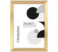 FRAMAI® Cadre photo doré 21 x 29,7 cm, en MDF écologique, avec plexiglas incassable, crochet de suspension et support