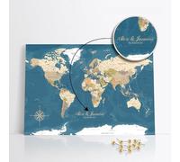 framed concept Carte du monde personnalisée avec épingles 90 x 60 cm - Tableau d'affichage en liège pour les voyageurs - Décoration murale faite à la main avec 50 broches dorées - Idée cadeau unique