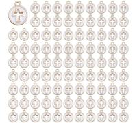 Framendino, Lot de 100 breloques rondes en émail blanc avec croix creuse pour fabrication de bijoux de Pâques