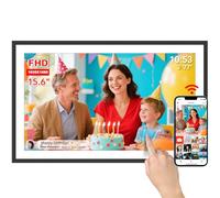 FRAMEO Cadre photo numérique 15,6 pouces extra large WiFi 32 Go 1920 x 1080 IPS HD Écran tactile Bureau et montage mural Partage de photos et de vidéos via l'application Frameo avec musique météo