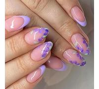 Français Presse Florale Sur Les Ongles | Conception Réutilisable | & Comfort Fit Pour Les Peaux Sensibles Purple French Floral Press On Nail