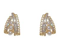 Français Vintage dentelle perle boucles d'oreilles pour les femmes, S925 argent Sterling Post, 14K plaqué or en filigrane courbé boucles d'oreilles avec zircone cubique, Dainty bijoux perle graduée