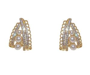 Français Vintage dentelle perle boucles d'oreilles pour les femmes, S925 argent Sterling Post, 14K plaqué or en filigrane courbé boucles d'oreilles avec zircone cubique, Dainty bijoux perle graduée