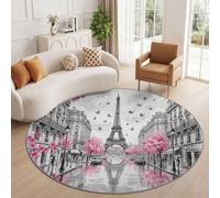 Francais Vintage Tapis Rond à Motif Tour Eiffel Architecture Papillon Rue pour Salon Chambre à Coucher Salle de Bain Couloir décoration, Lavable en Machine Pile Courte et Douce, Rose, 80 cm