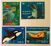 France 2002. 4 Timbres Authentiques de Collection Neufs Nos 3485 à 3488. Animaux Marins : Tortue, Dauphin...par des Livres Express
