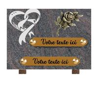 France Tombale Plaque funéraire personnalisée - Granit - assemblée en France - gravure coeur bronze rose - H 15 X L 20 cm - 2 textes