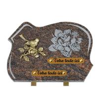 France Tombale Plaque funéraire personnalisée - Granit - assemblée en France - gravure pivoine bronze oiseau - H 25 X L 35 cm - 2 textes